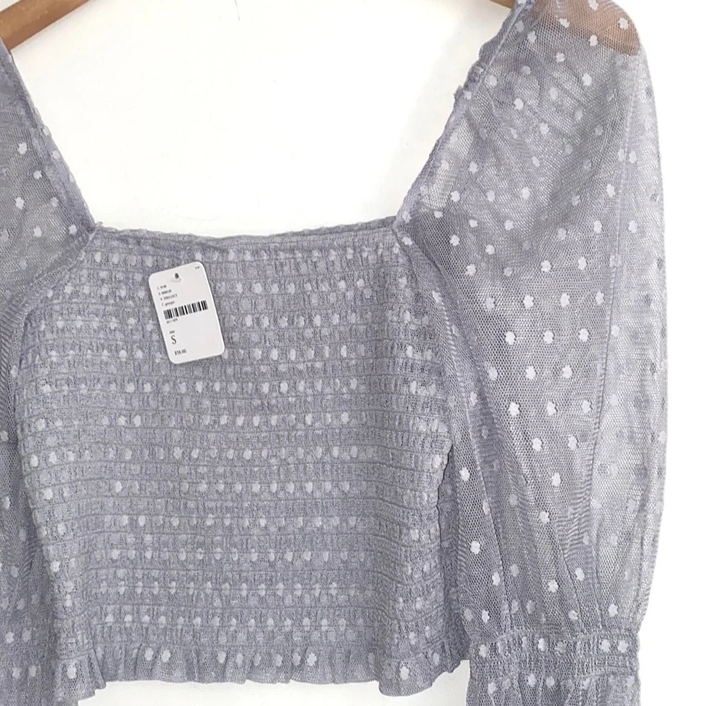 (A7) Free People Grey‎ Mesh Smocked Long Sleeve Crop Top, Size Small, NWT
